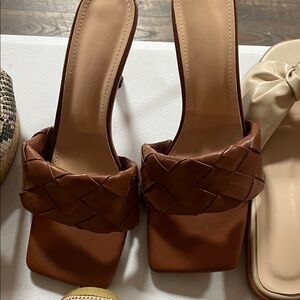 Women’s Braided Strap Brown Slide Heels